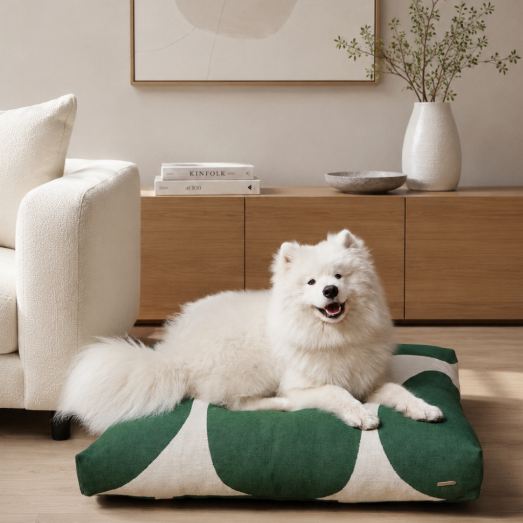 Labbvenn STONE Dog Cushion- Beige with green shapes 2