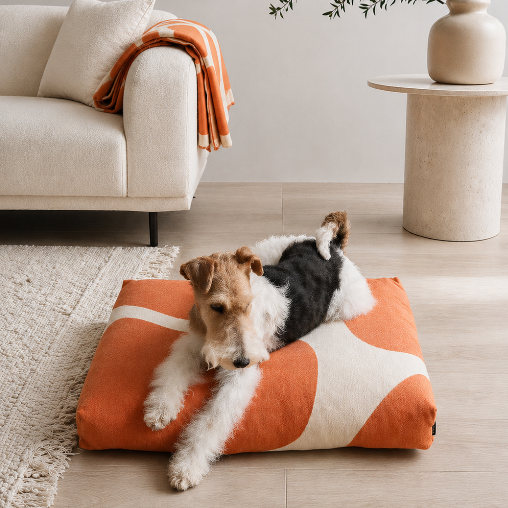 Labbvenn STONE Dog Cushion- Beige with light orange shapes 2